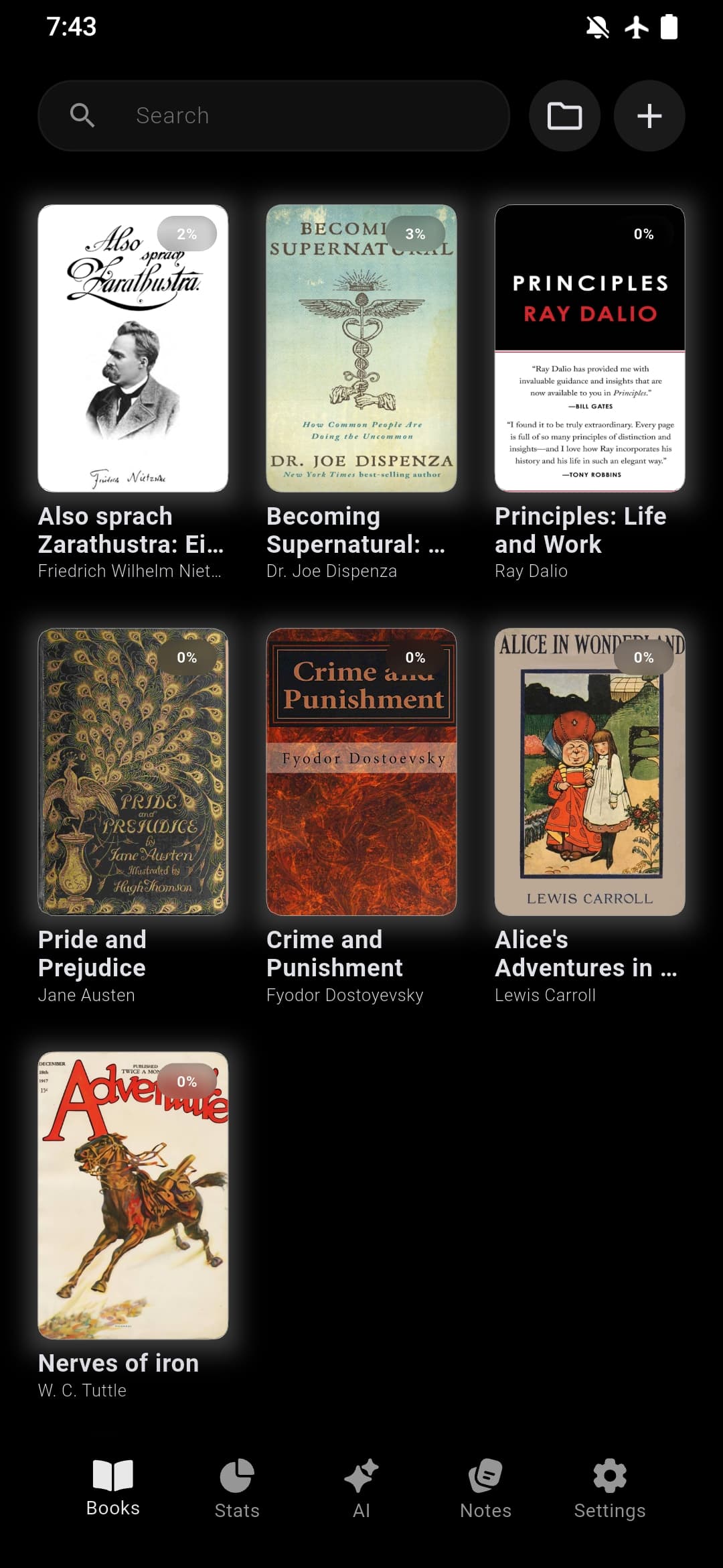 Erea app library screen showing saved books